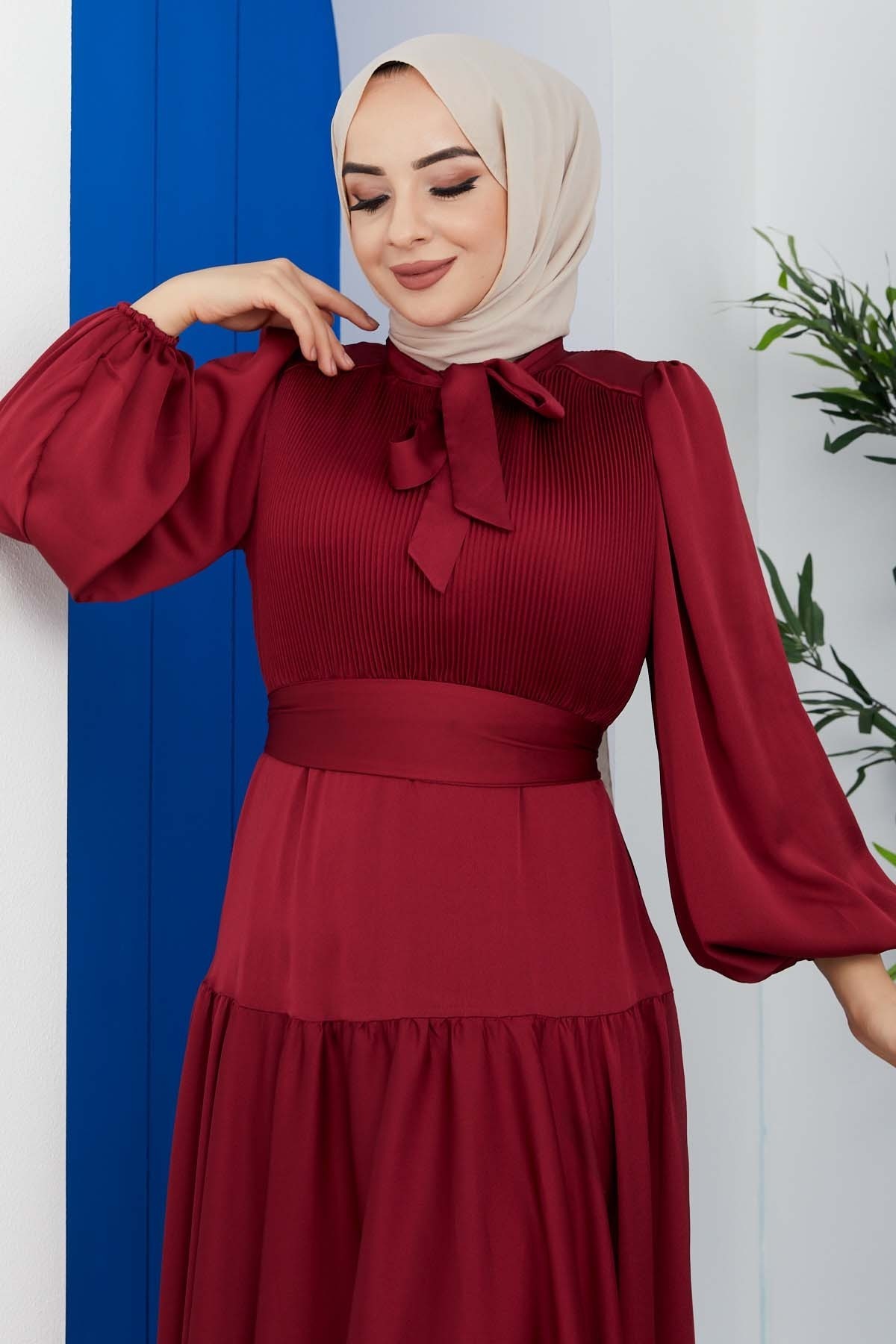 Göğüs Pileli Saten Abiye - Bordo Göğüs Pileli Saten Abiye - Bordo