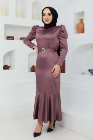 Kemerli Saten Abiye - Lila Kemerli Saten Abiye - Lila