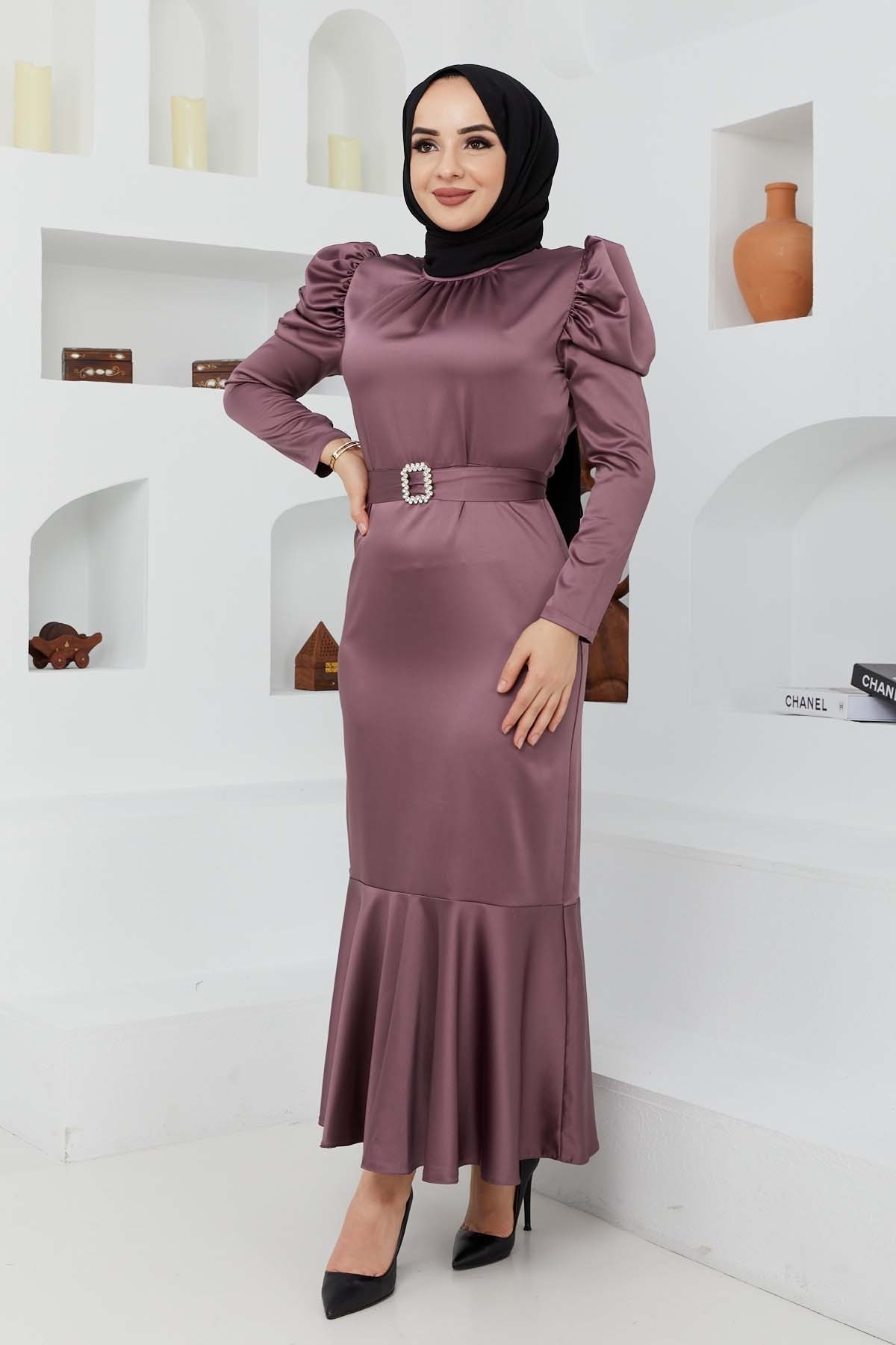 Kemerli Saten Abiye - Lila
