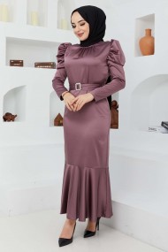 Kemerli Saten Abiye - Lila
