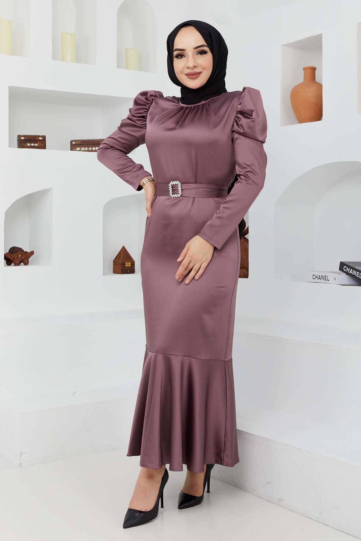 Kemerli Saten Abiye - Lila