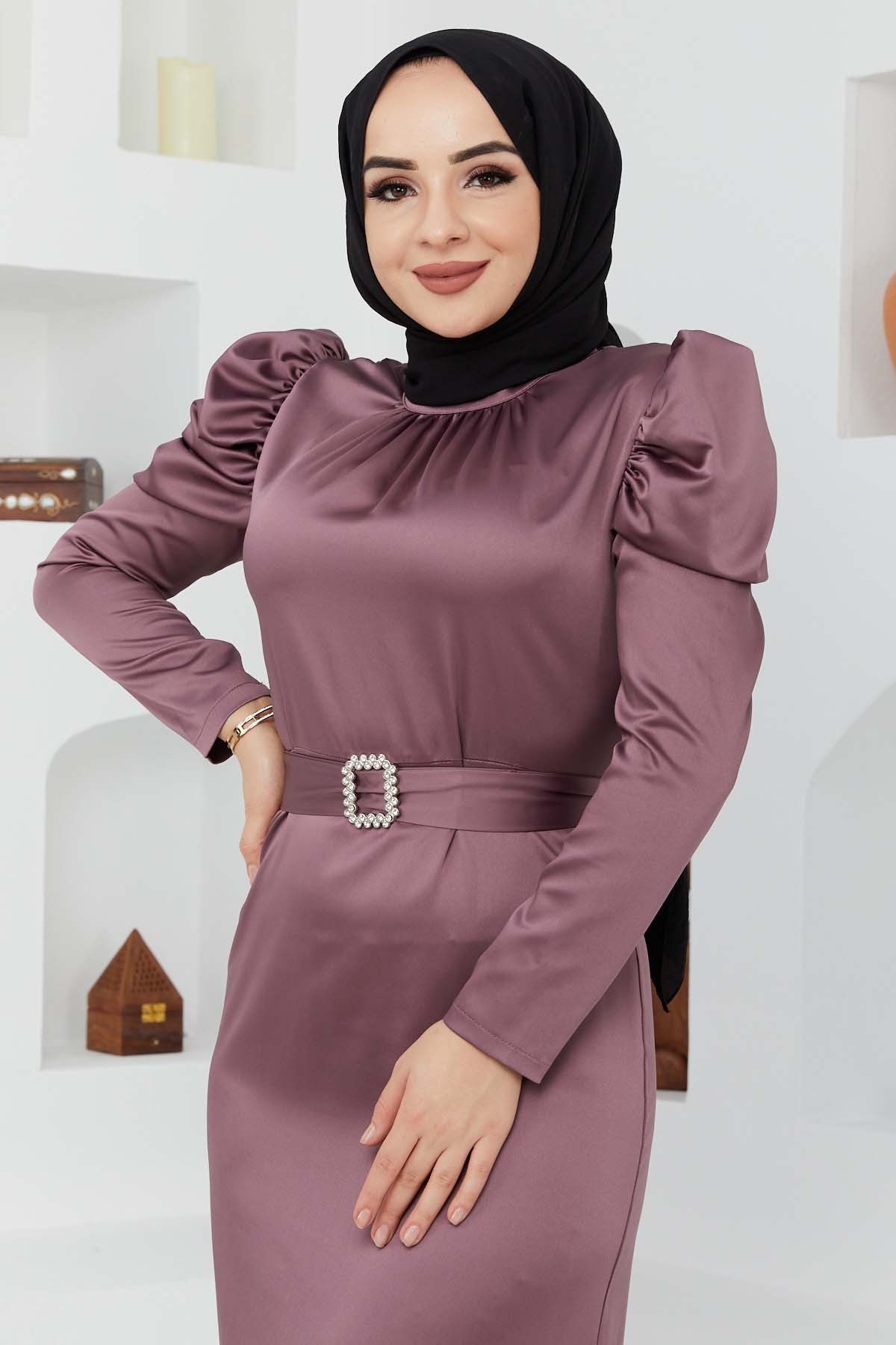 Kemerli Saten Abiye - Lila