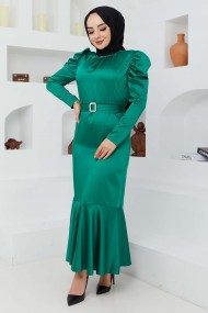 Kemerli Saten Abiye - Yeşil