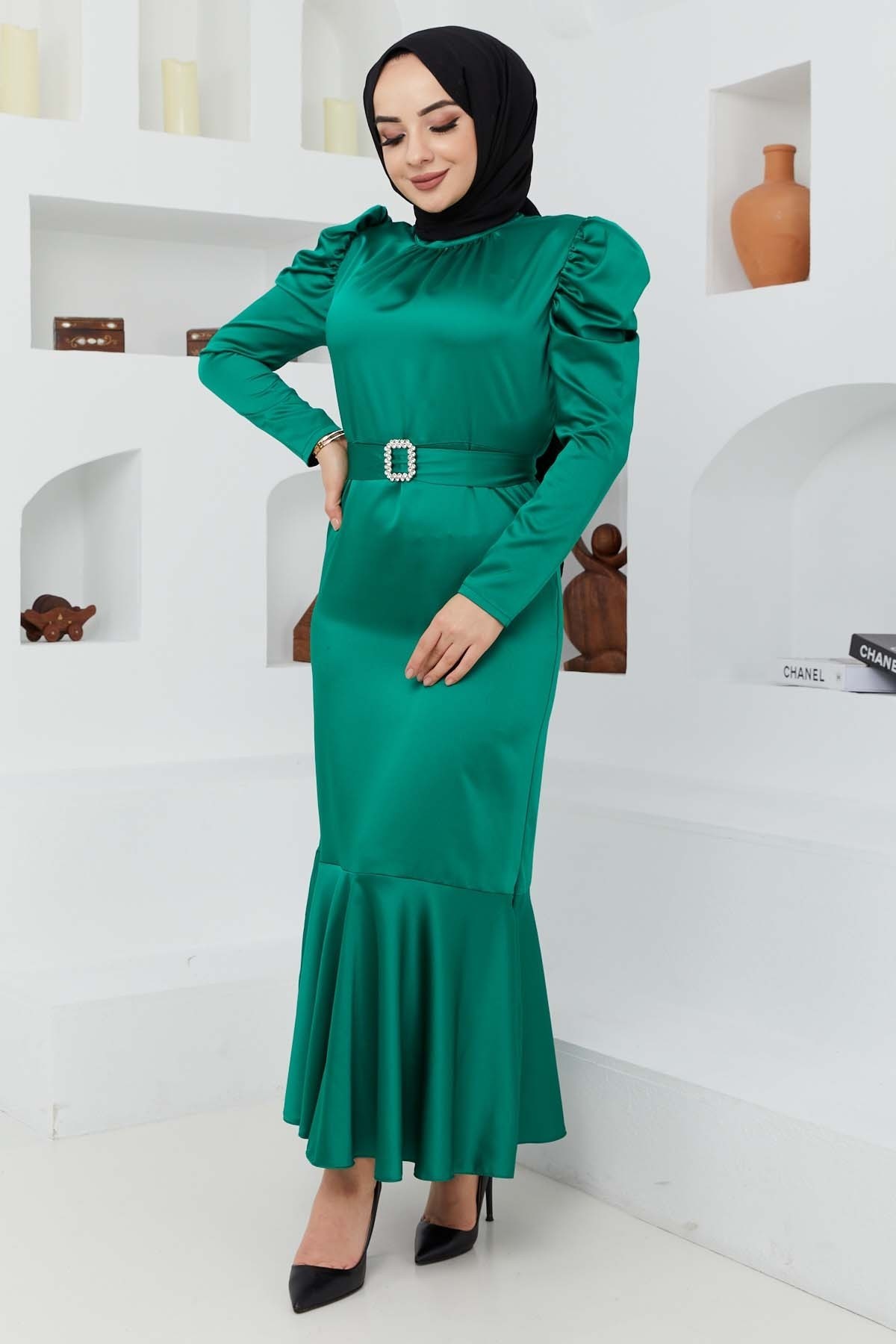 Kemerli Saten Abiye - Yeşil