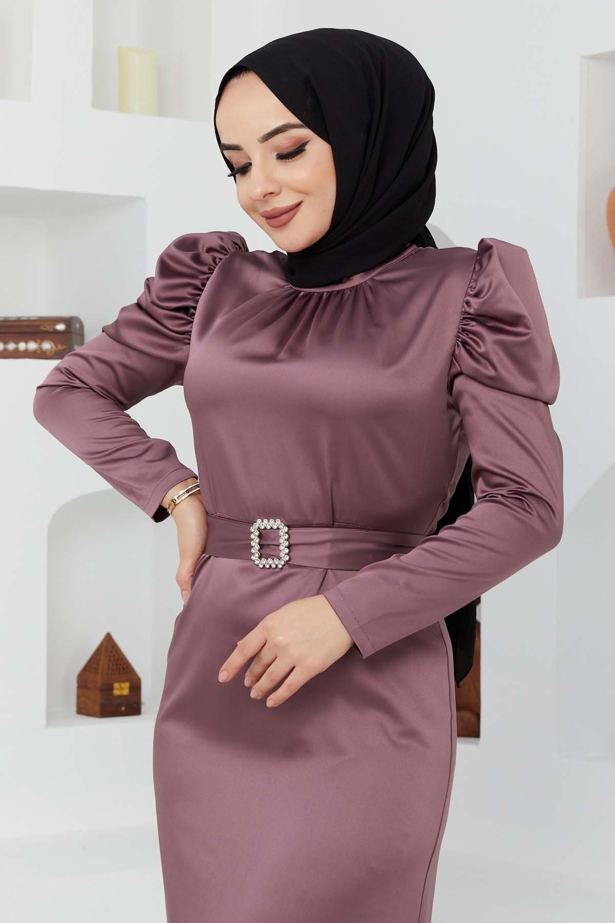 Kemerli Saten Abiye - Lila