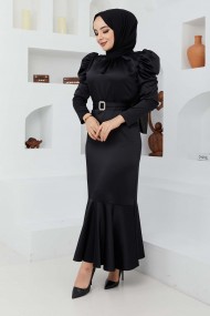 Kemerli Saten Abiye - Siyah