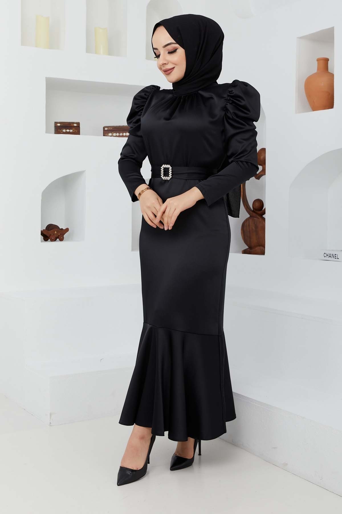 Kemerli Saten Abiye - Siyah