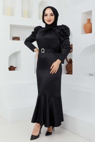Kemerli Saten Abiye - Siyah