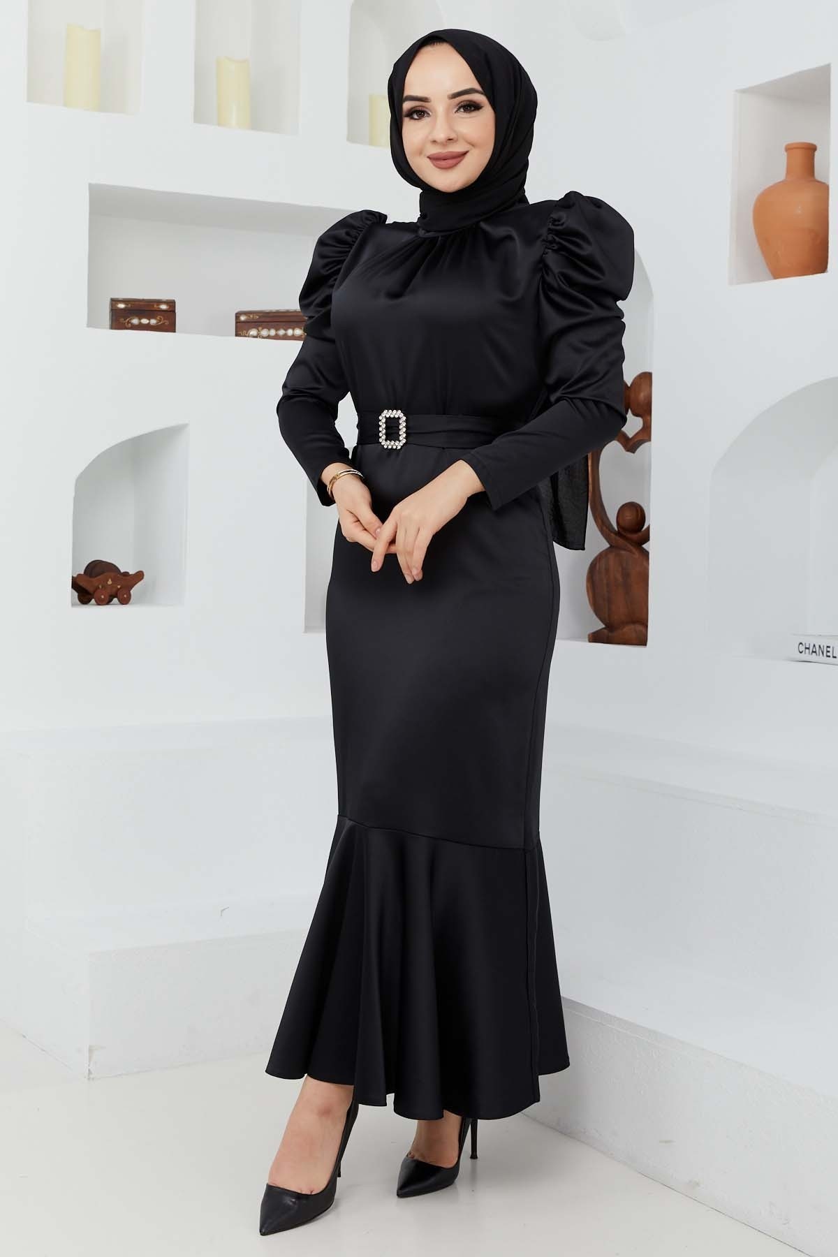 Kemerli Saten Abiye - Siyah