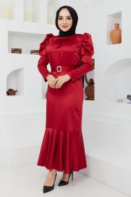 Kemerli Saten Abiye - Kırmızı