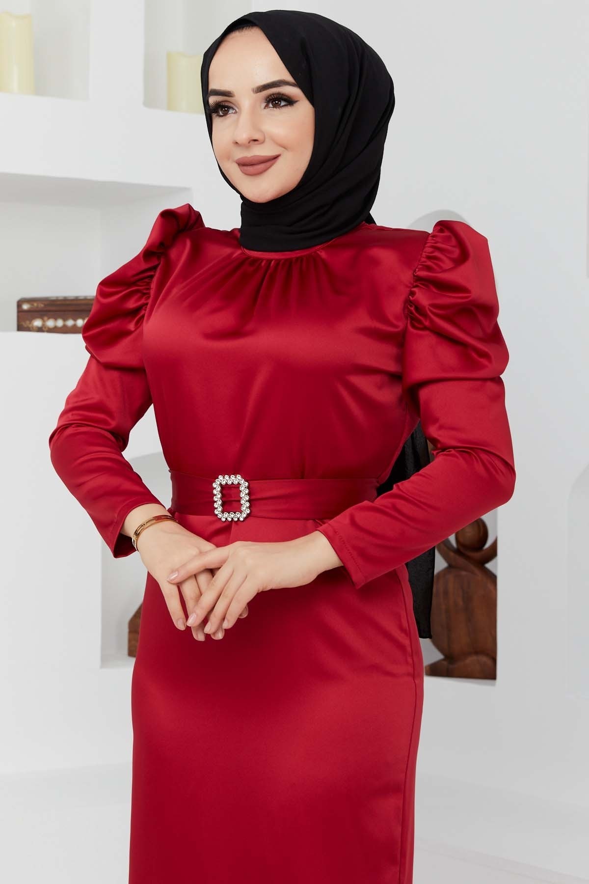 Kemerli Saten Abiye - Kırmızı