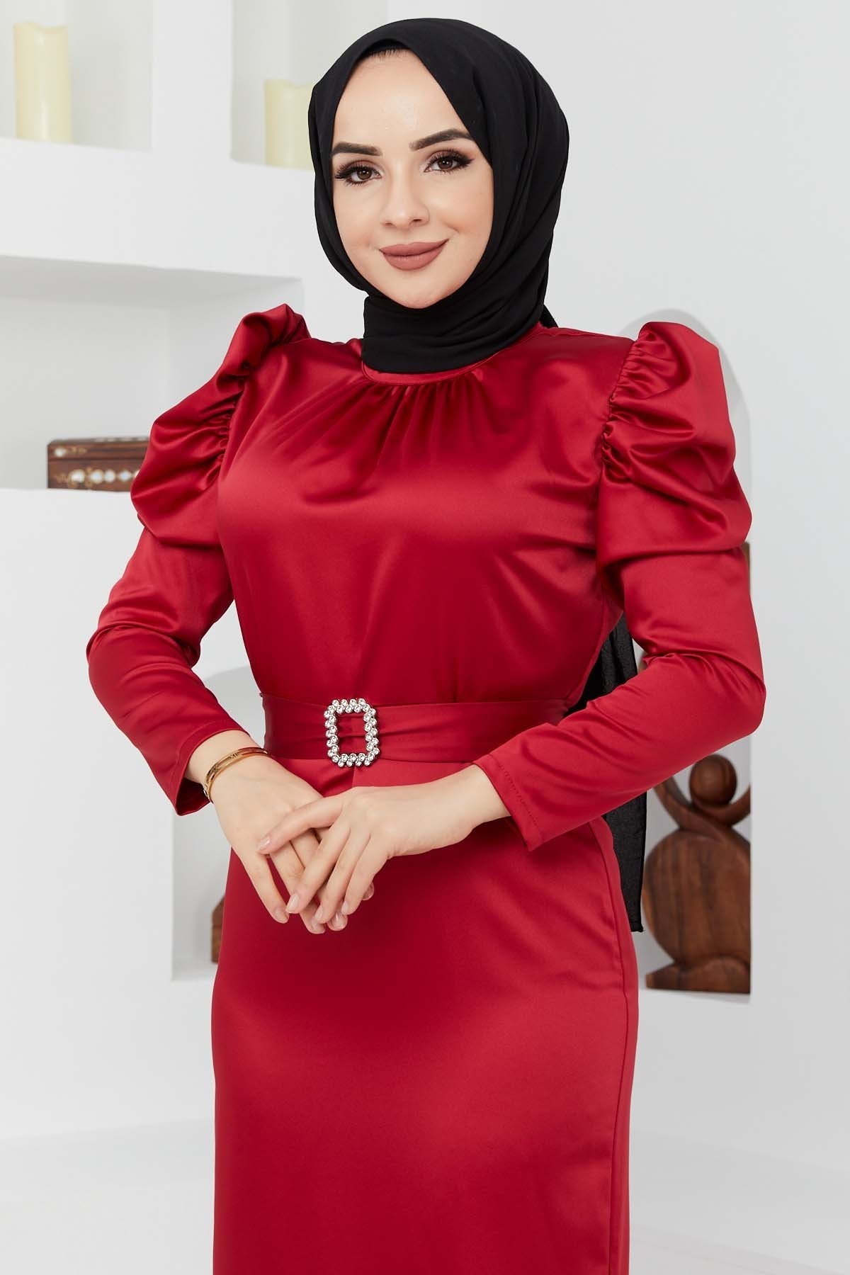 Kemerli Saten Abiye - Kırmızı
