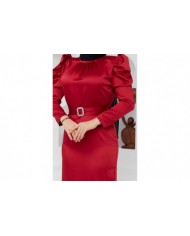 Kemerli Saten Abiye - Kırmızı