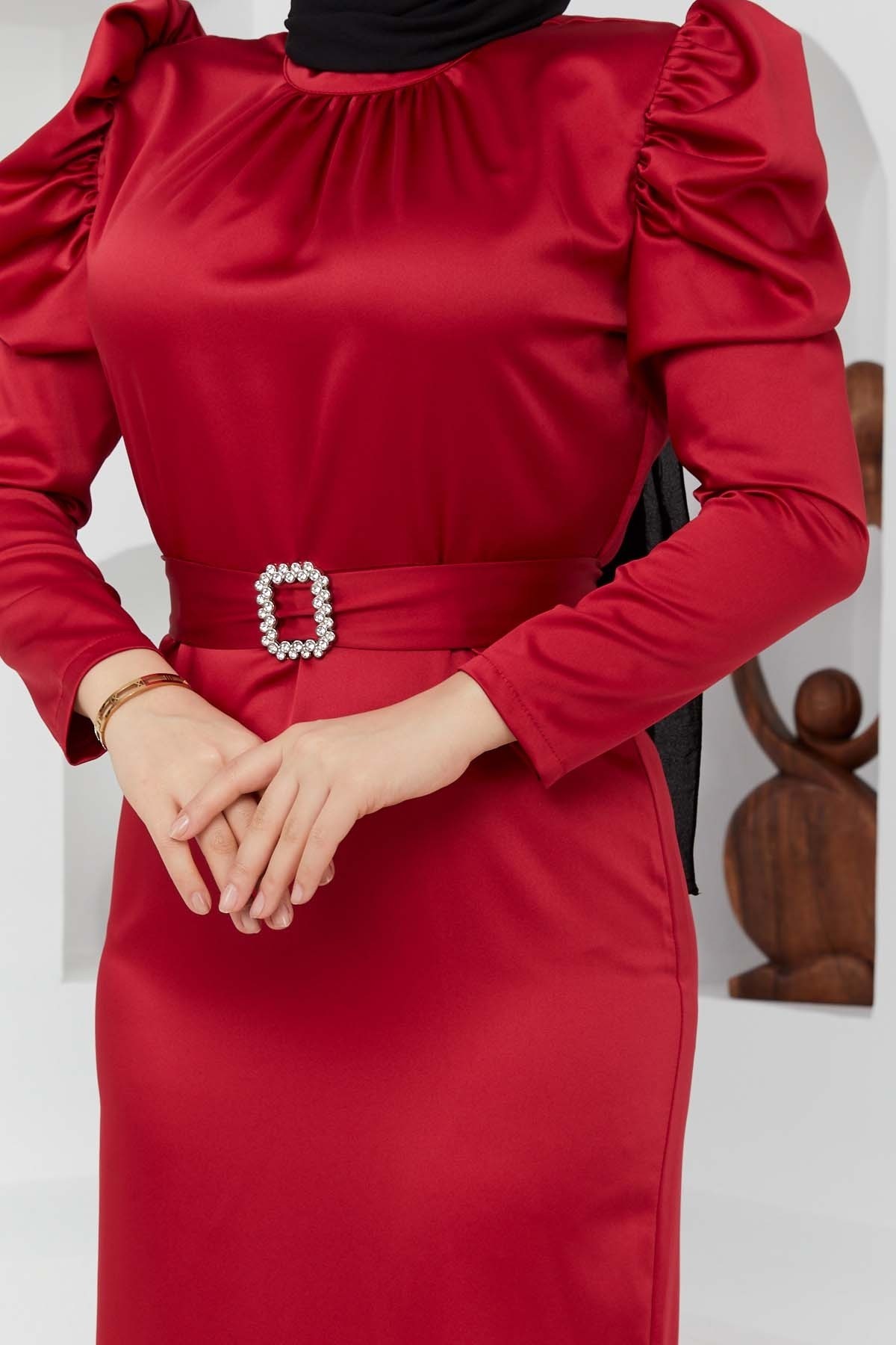 Kemerli Saten Abiye - Kırmızı