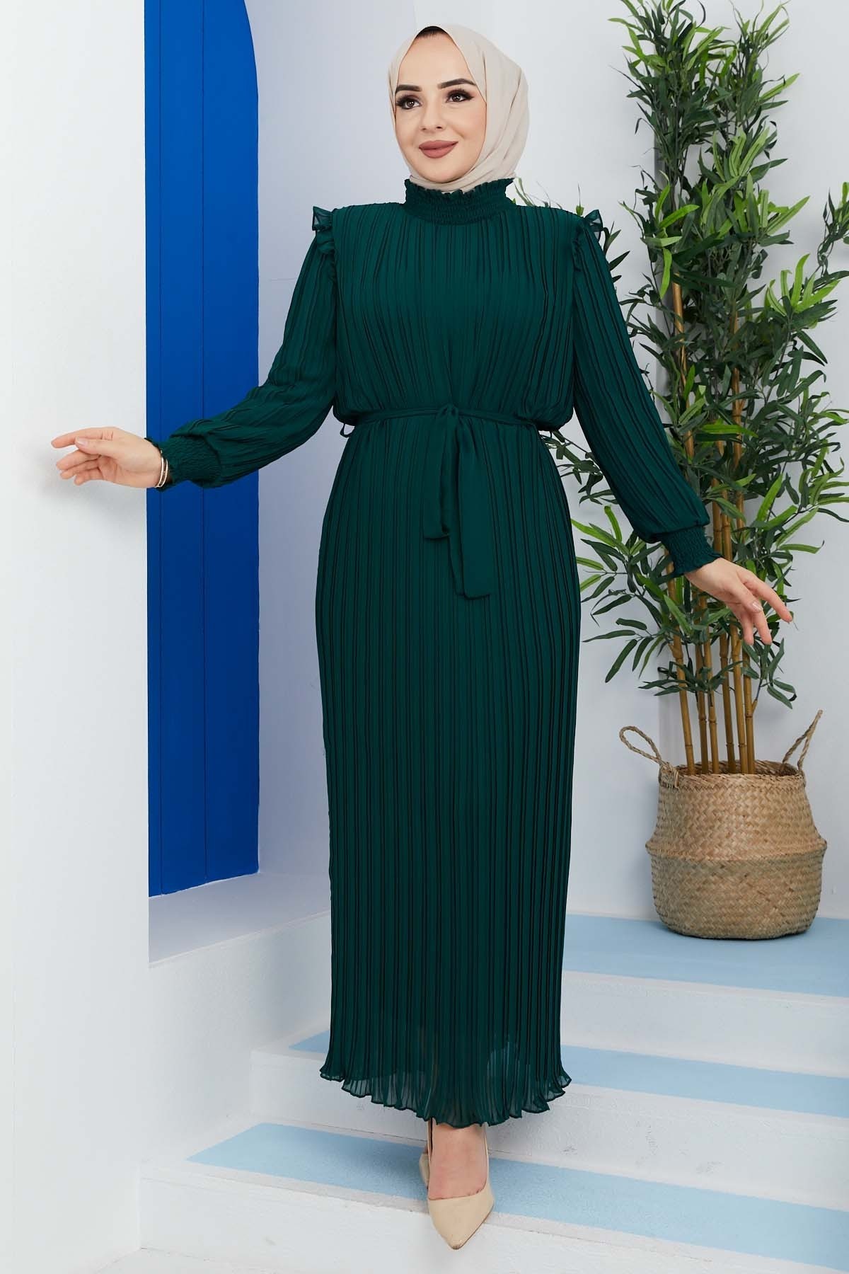 Pilise Detaylı Elbise - Yeşil