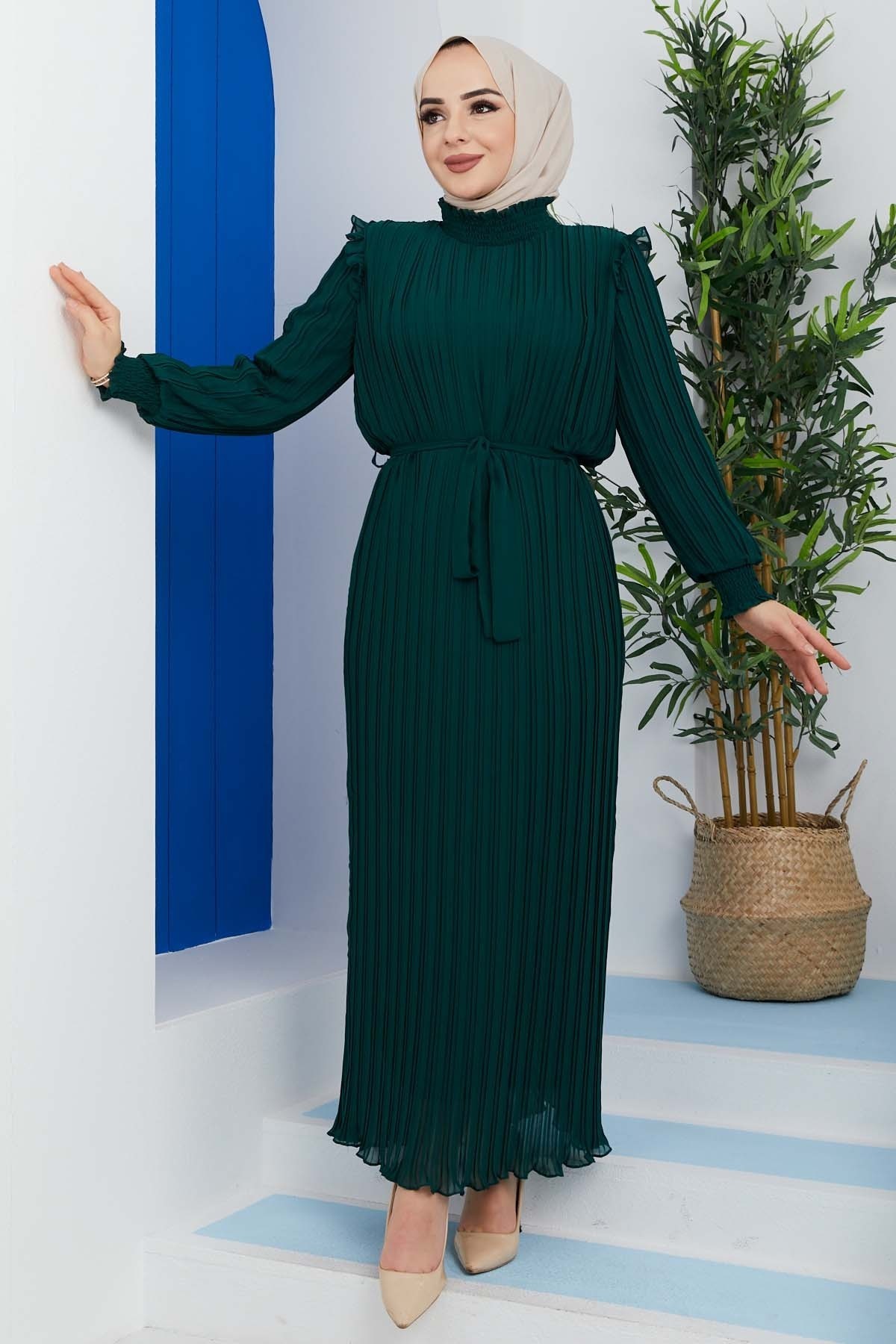 Pilise Detaylı Elbise - Yeşil