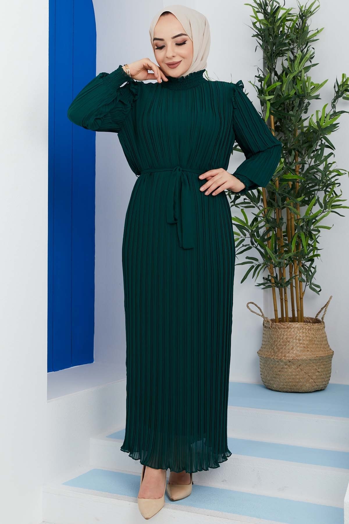 Pilise Detaylı Elbise - Yeşil