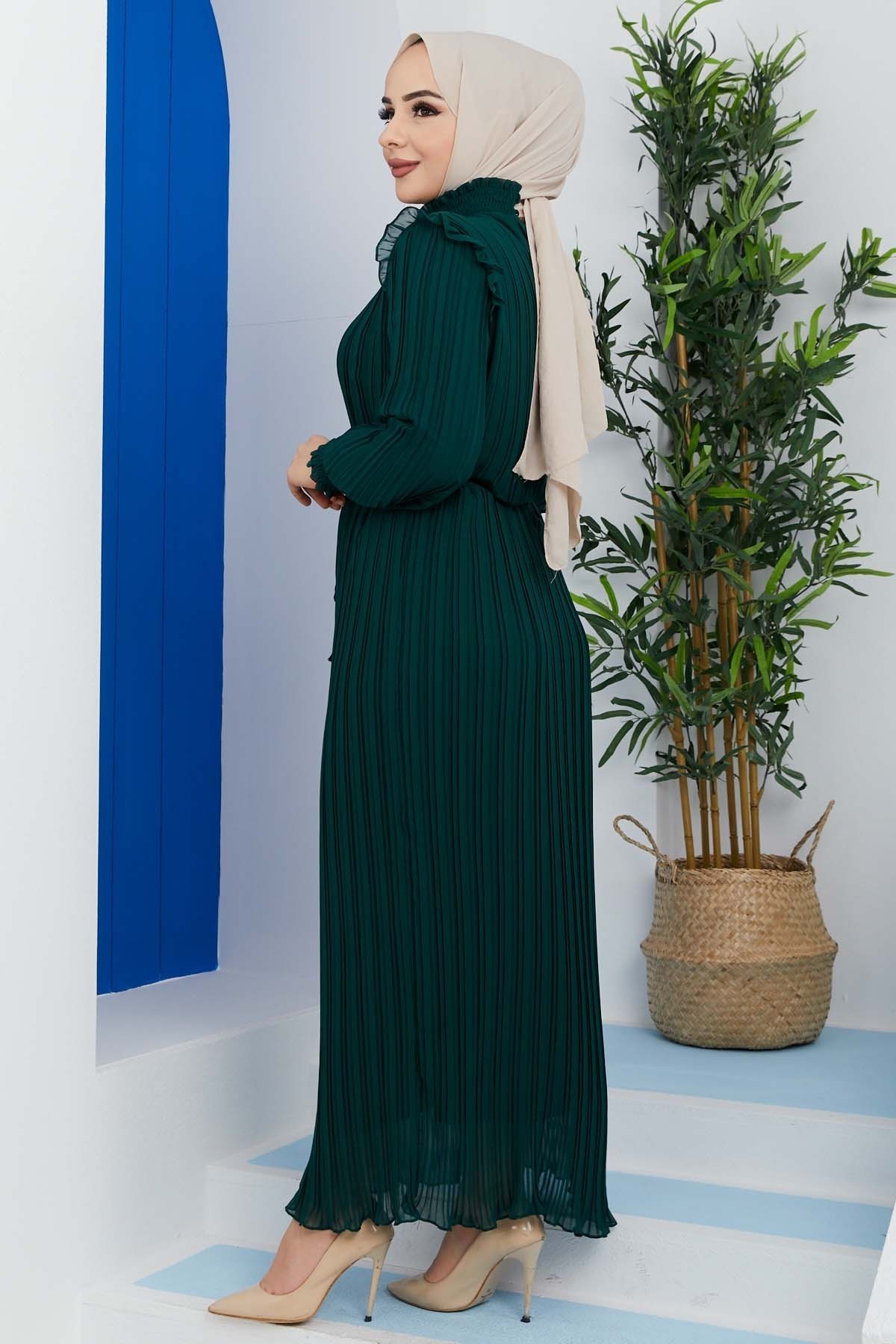 Pilise Detaylı Elbise - Yeşil