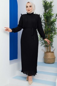 Pilise Detaylı Elbise - Siyah