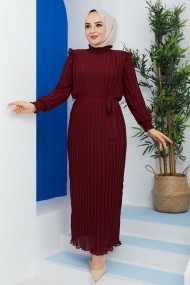 Pilise Detaylı Elbise - Bordo