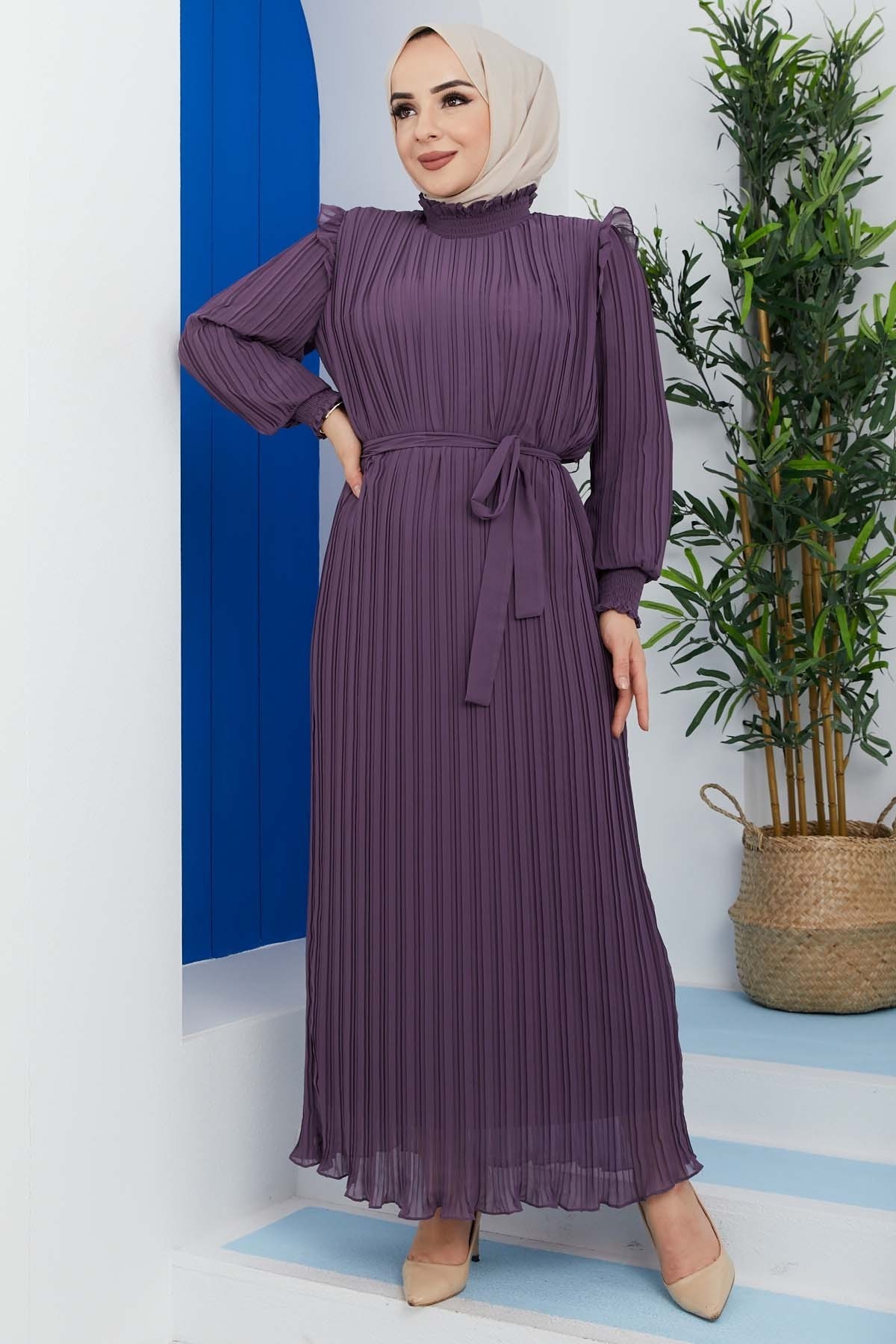 Pilise Detaylı Elbise - Lila
