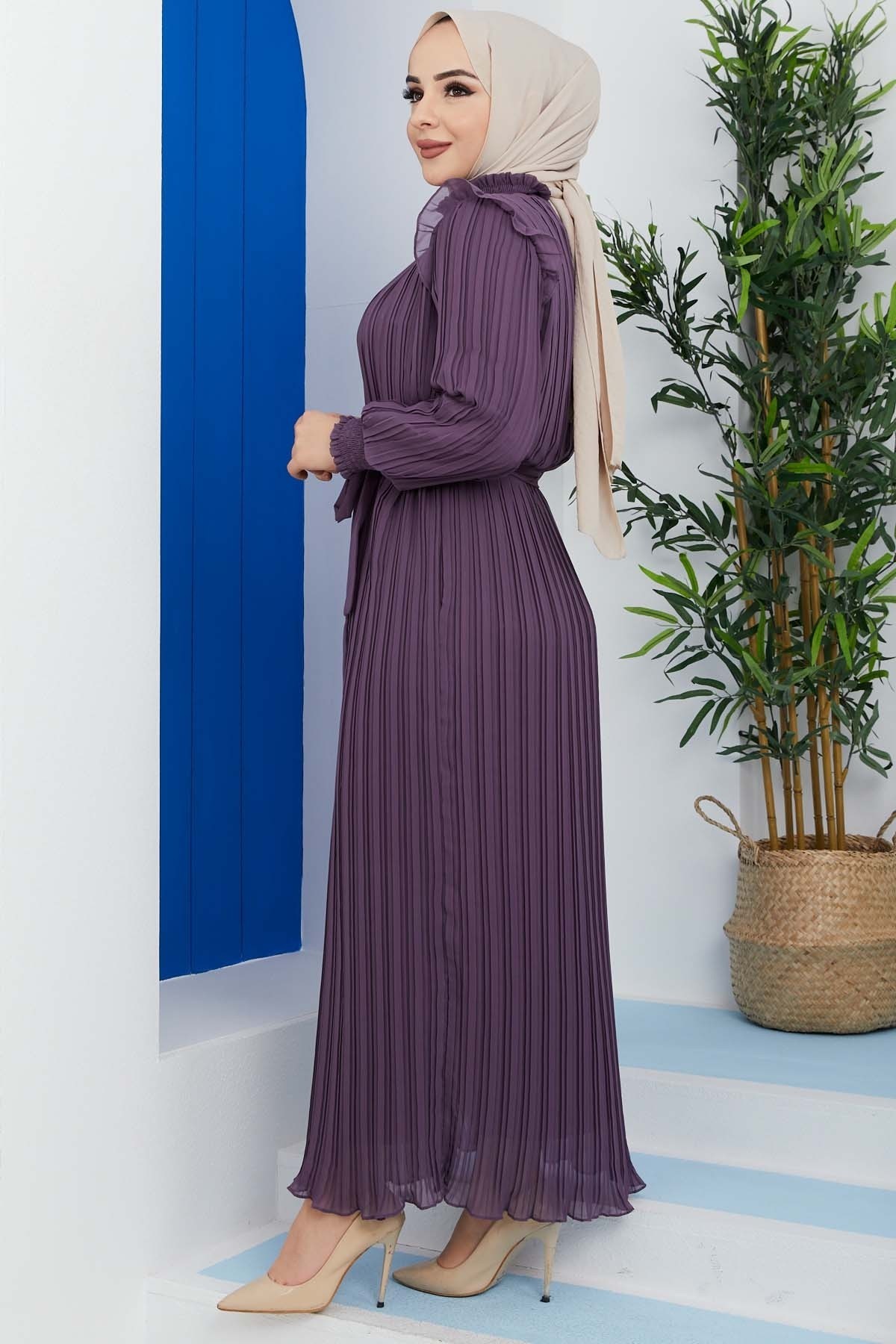 Pilise Detaylı Elbise - Lila