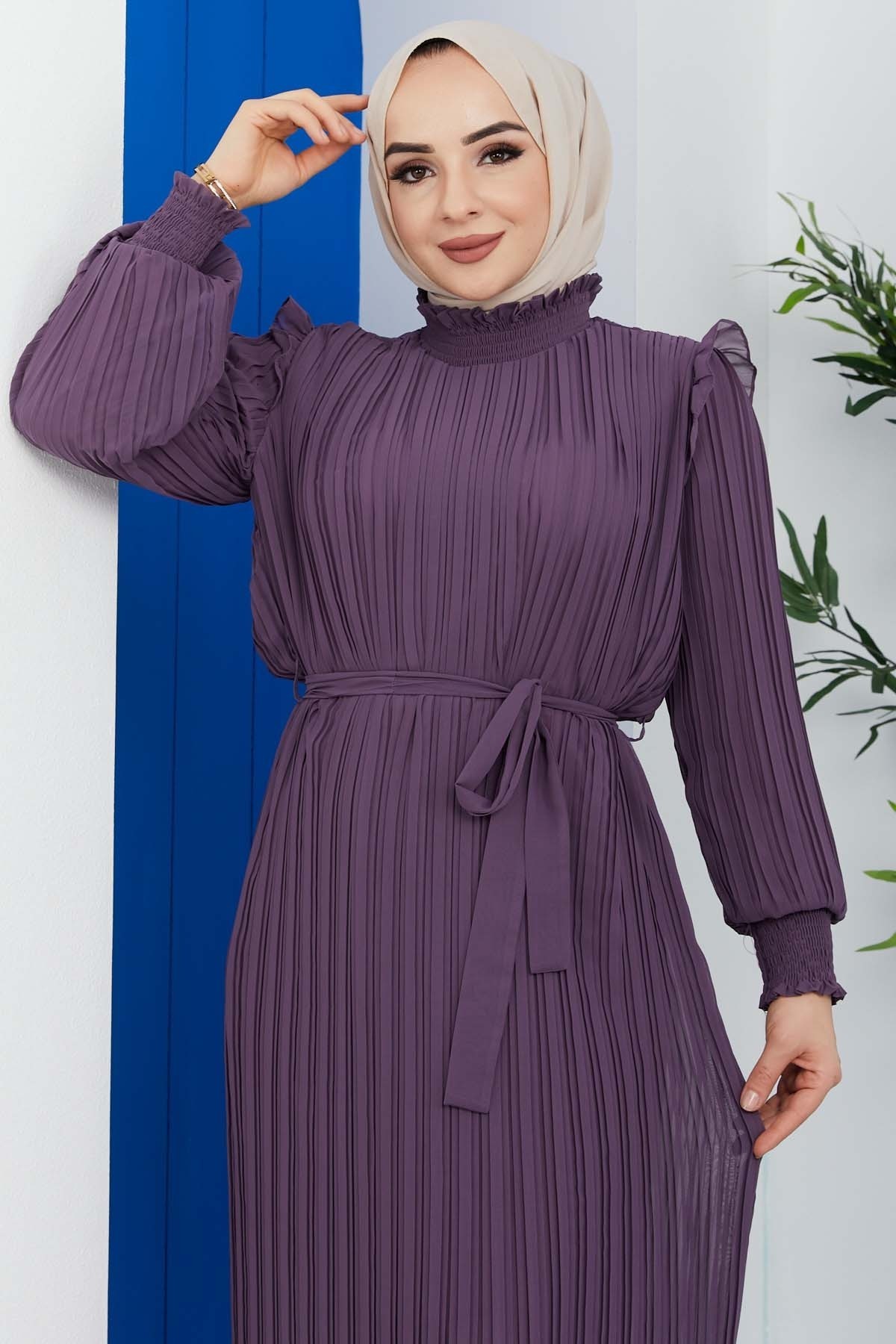 Pilise Detaylı Elbise - Lila