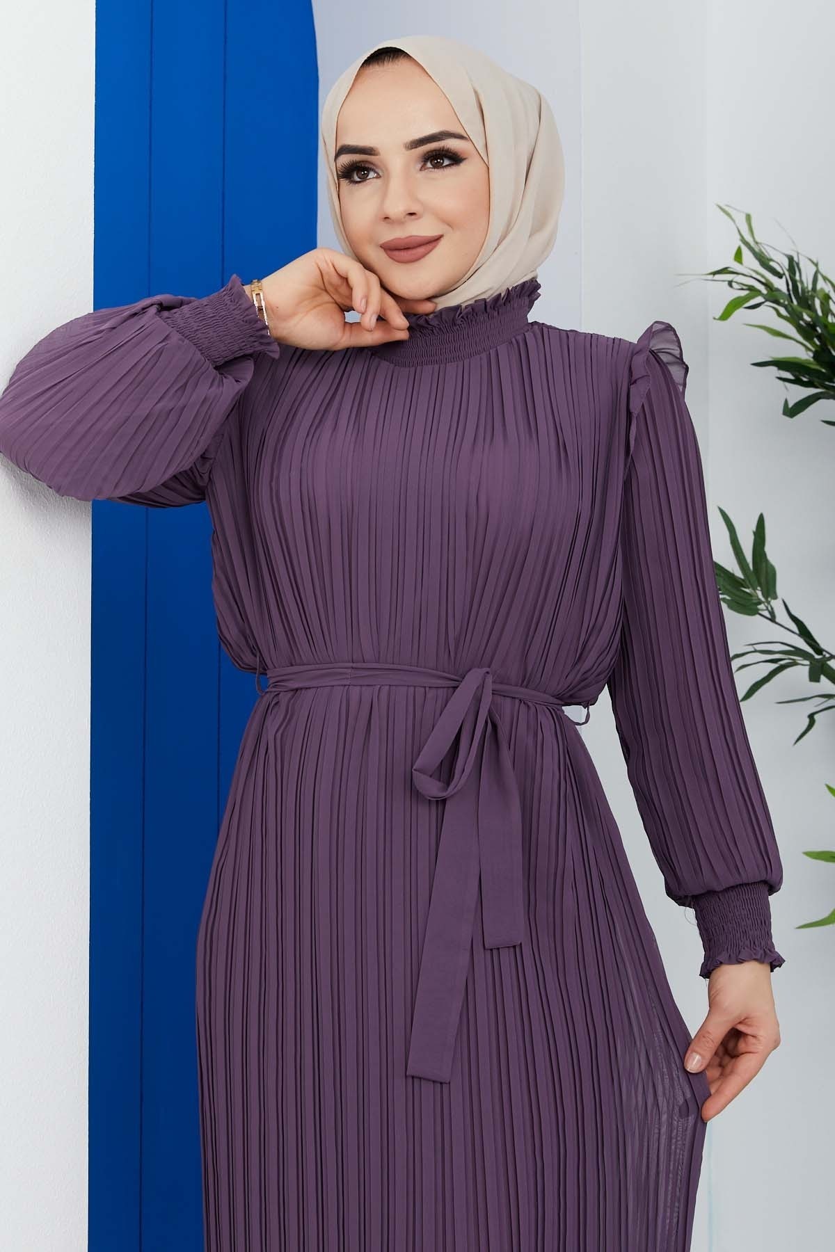 Pilise Detaylı Elbise - Lila