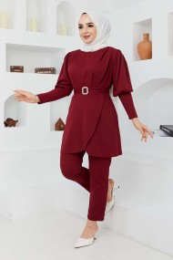 Kemerli Taşlı Takım - Bordo