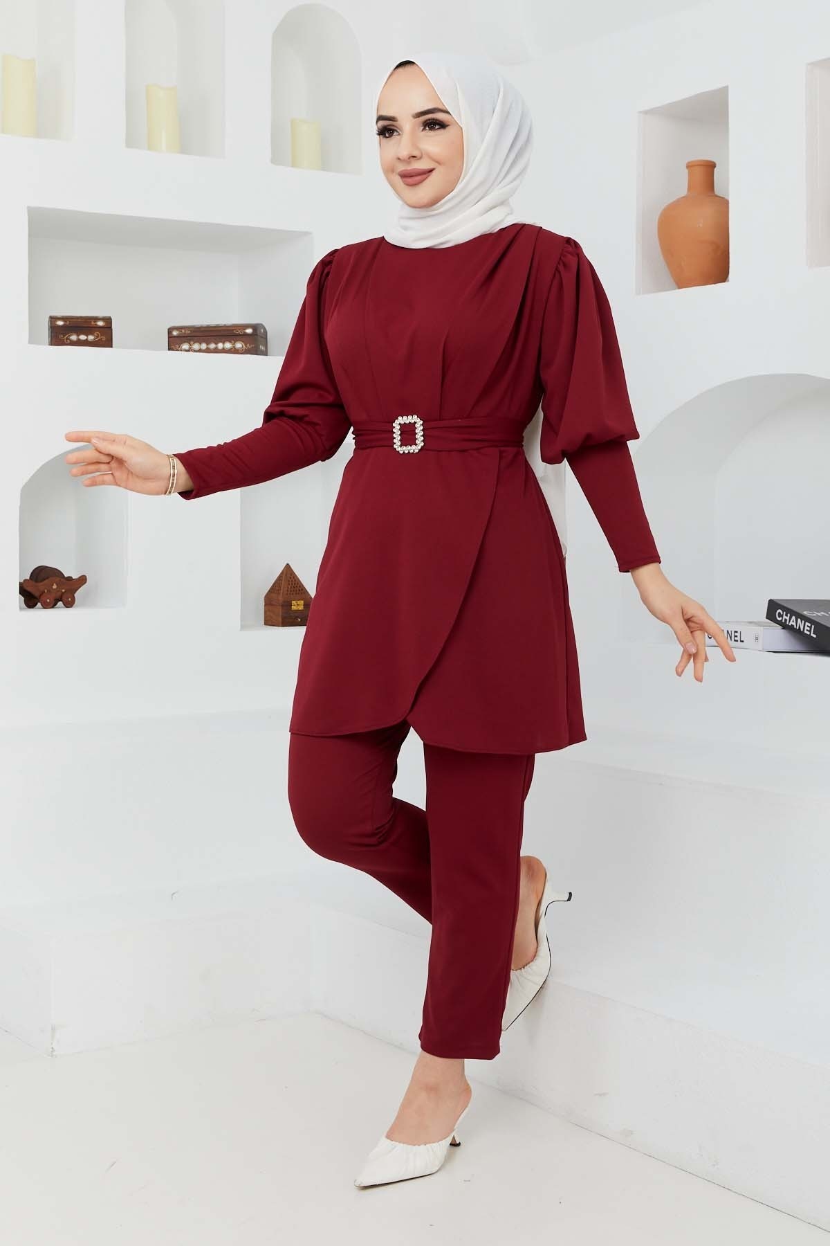 Kemerli Taşlı Takım - Bordo