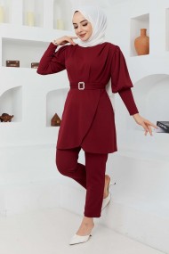 Kemerli Taşlı Takım - Bordo