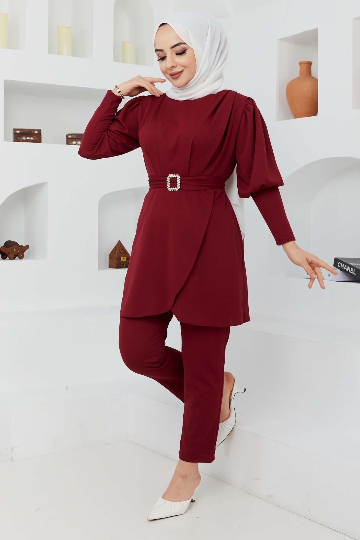 Kemerli Taşlı Takım - Bordo