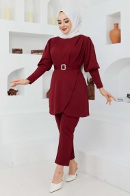 Kemerli Taşlı Takım - Bordo