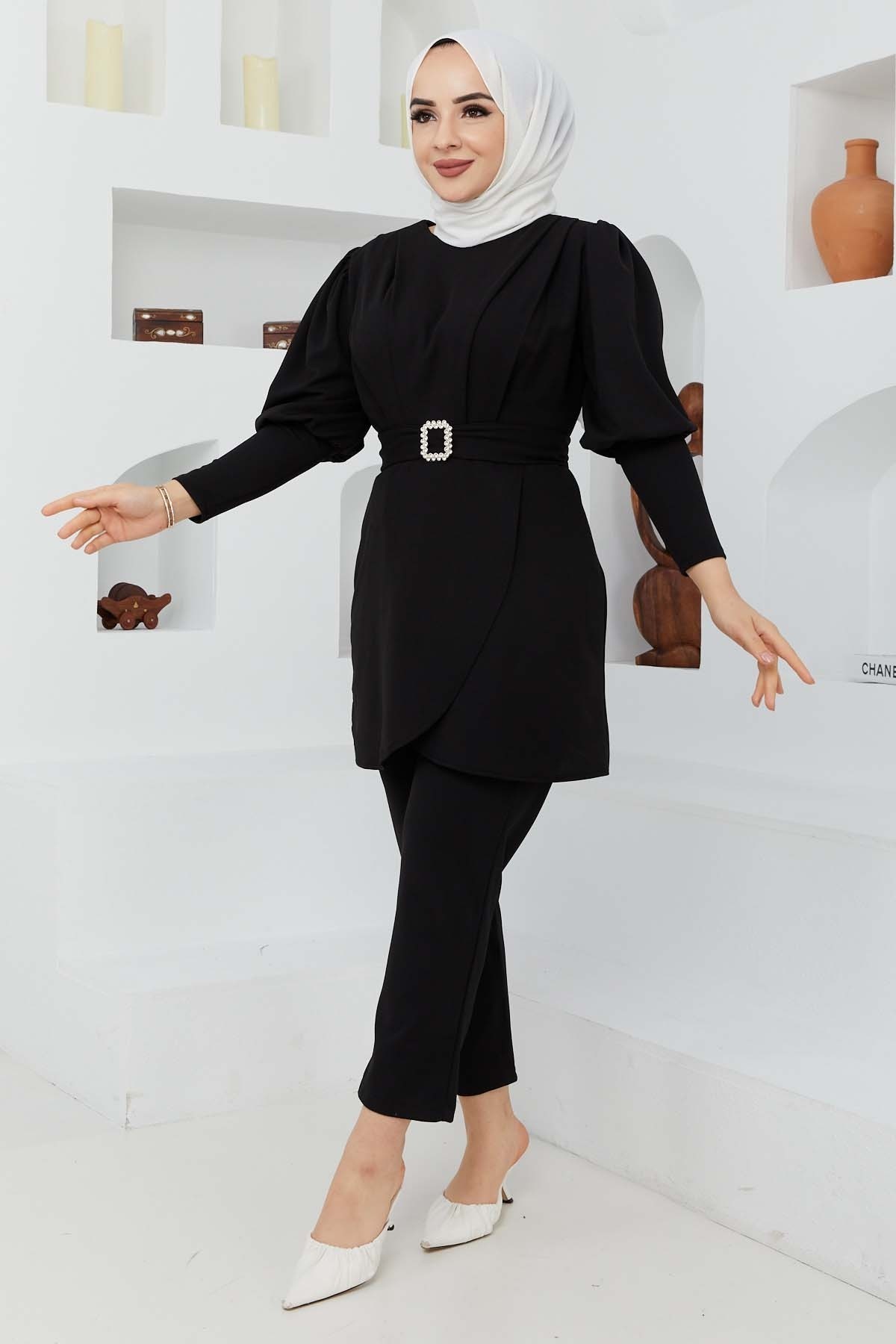 Kemerli Taşlı Takım - Siyah