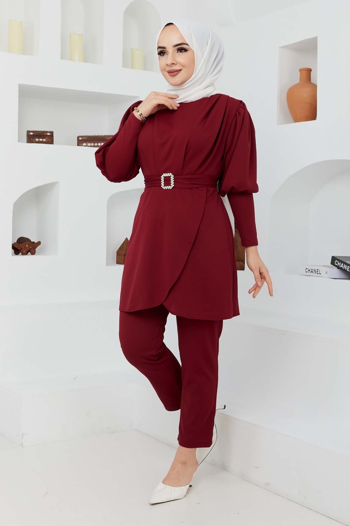 Kemerli Taşlı Takım - Bordo