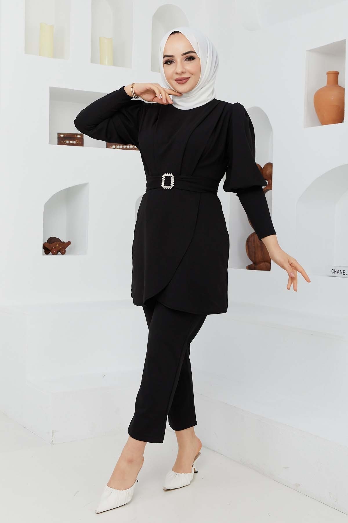 Kemerli Taşlı Takım - Siyah