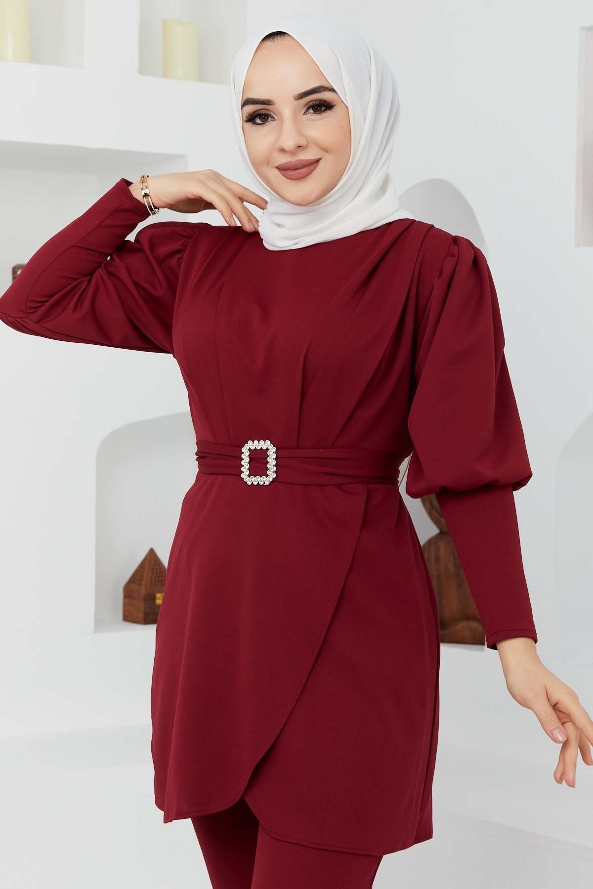 Kemerli Taşlı Takım - Bordo