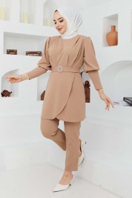 Kemerli Taşlı Takım - Bej
