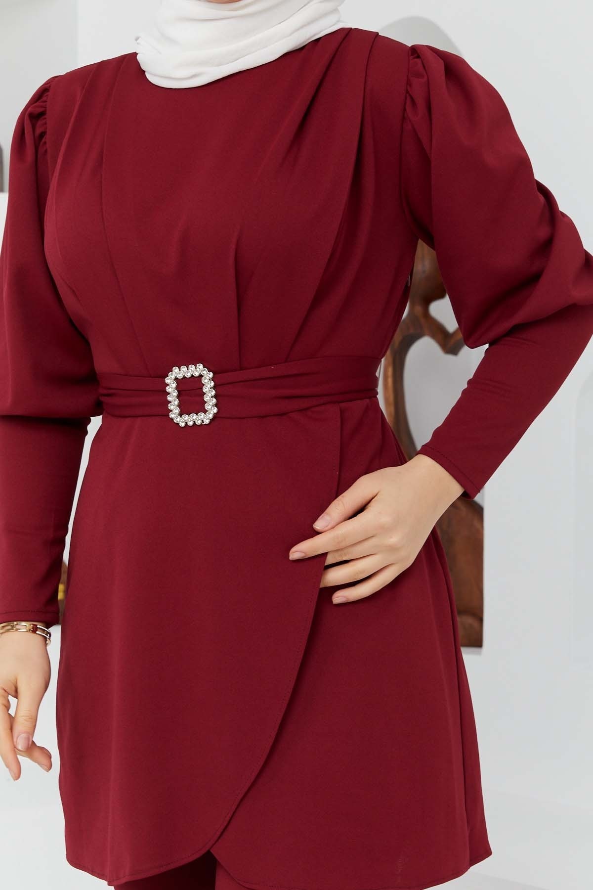 Kemerli Taşlı Takım - Bordo