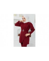 Kemerli Taşlı Takım - Bordo