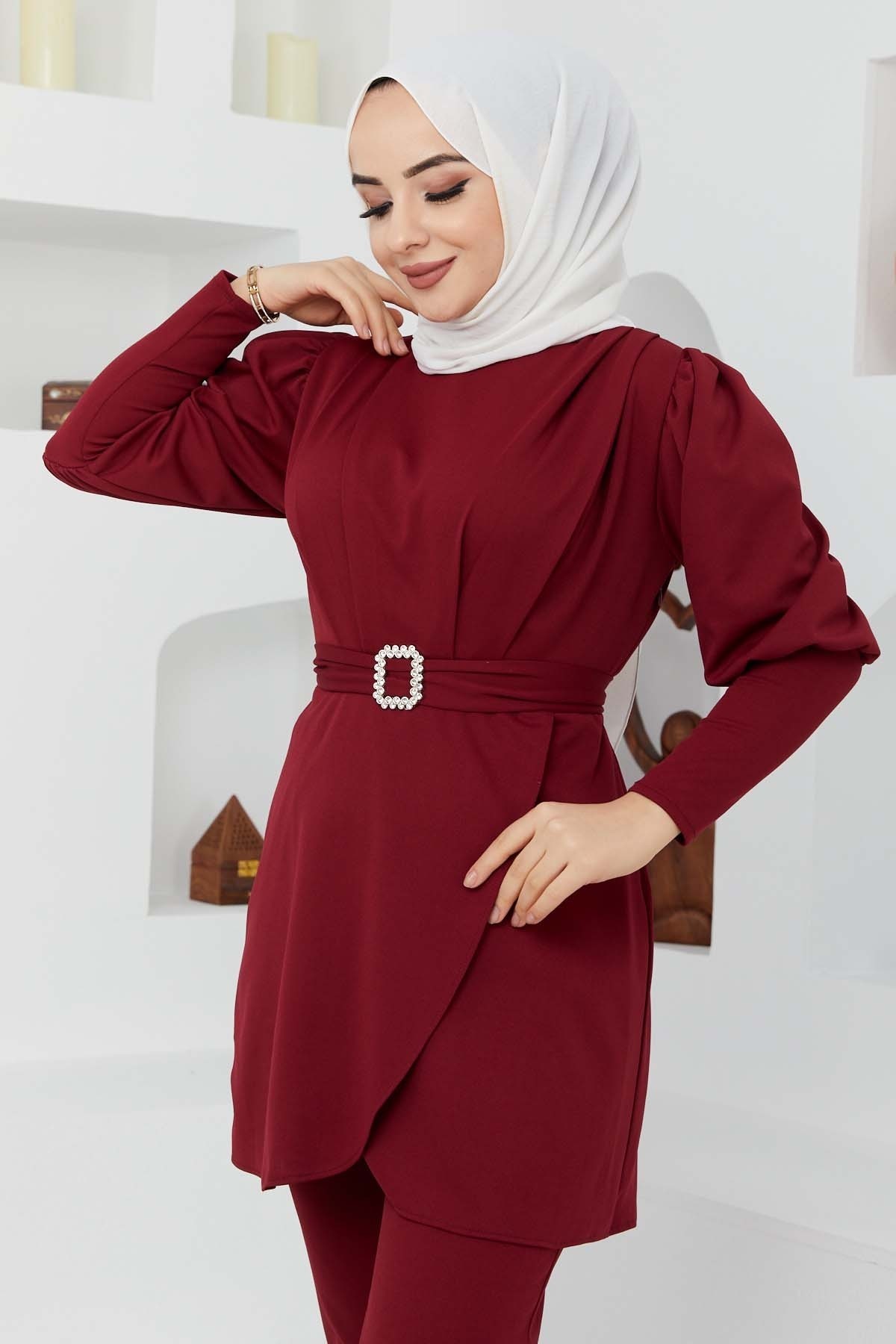 Kemerli Taşlı Takım - Bordo