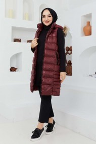 Kürk Kapüşonlu Yelek - Bordo