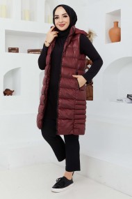 Kürk Kapüşonlu Yelek - Bordo