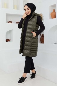 Kürk Kapüşonlu Yelek - Yeşil