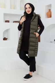 Kürk Kapüşonlu Yelek - Yeşil