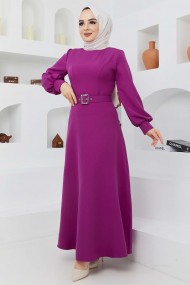 Kemerli Kiloş Elbise - Mor