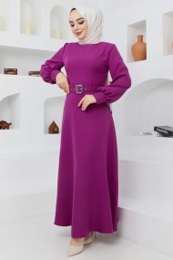 Kemerli Kiloş Elbise - Mor