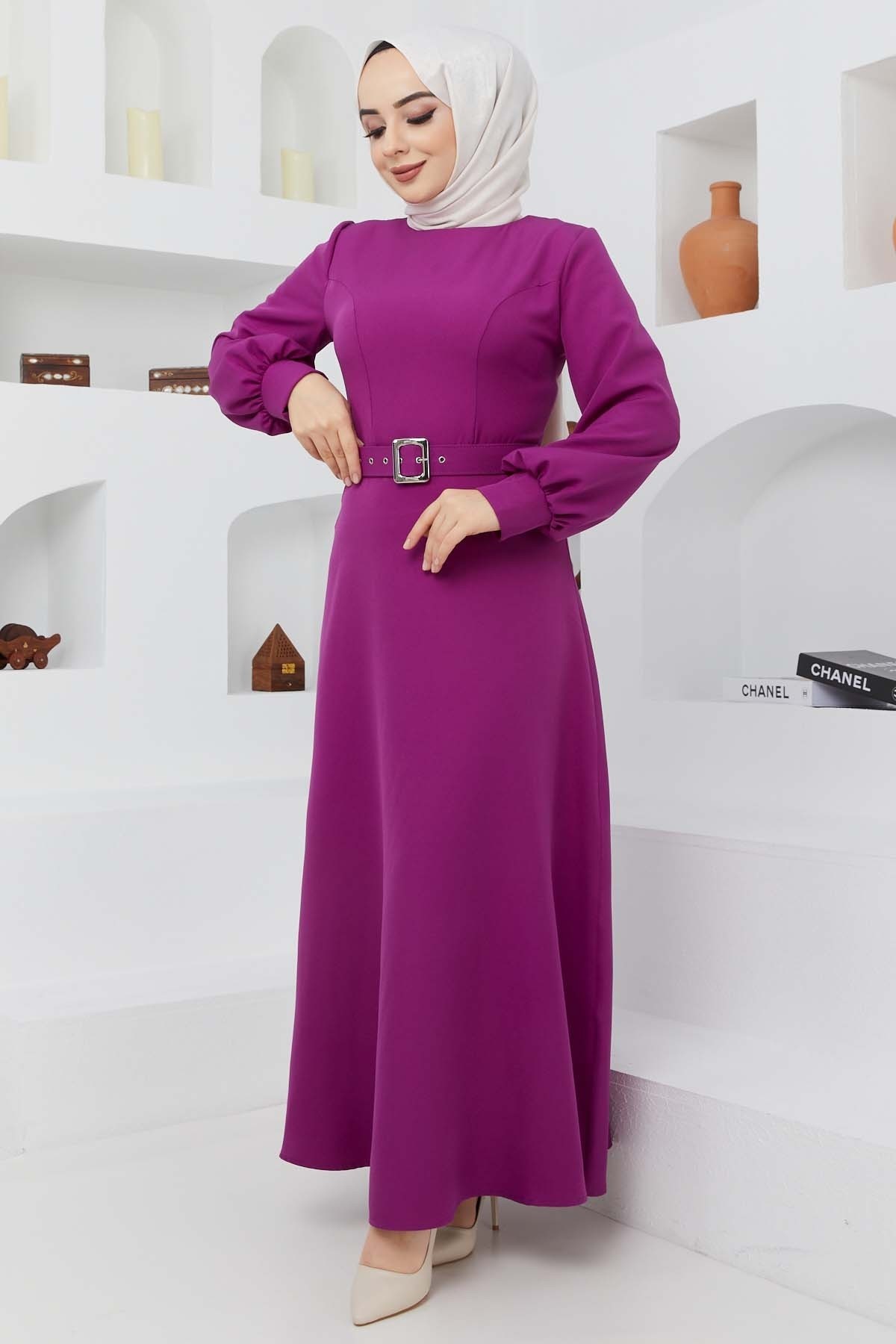 Kemerli Kiloş Elbise - Mor