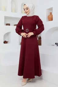 Kemerli Kiloş Elbise - Bordo
