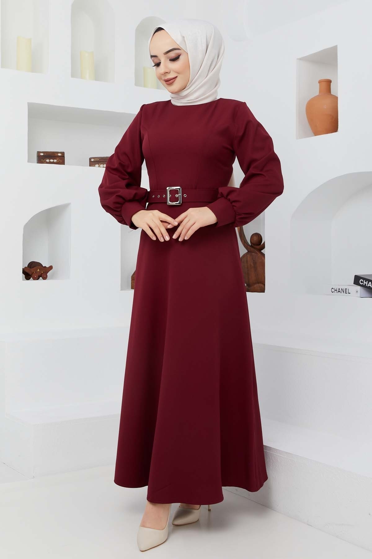 Kemerli Kiloş Elbise - Bordo